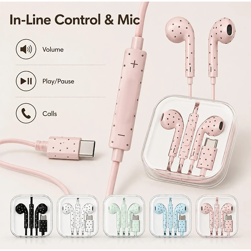 Usb C Earphone - Type C Oordopjes met Polka Dot