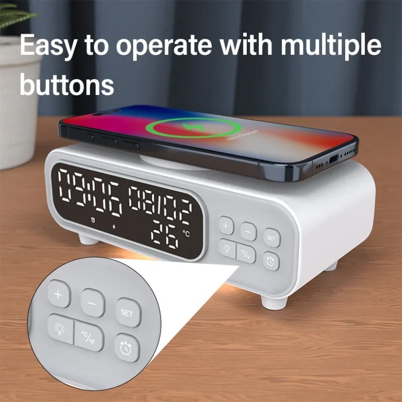 Usb C Earphone - 15W draadloze oplader tijdwekker LED-nachtlampje thermometer